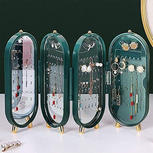 Jewellery Box Organiser with Mirror - Foldable Exquisite Dustproof Jewelry Storage Case Multi-Function Screen Shaped Metal Display Jewelry Stand for Earring - Necklace &amp; Bracelet (Random Color)