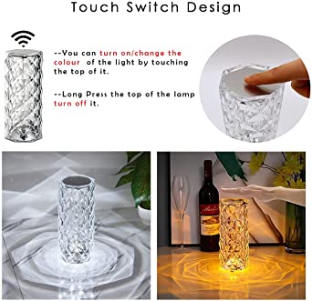 Diamond Rose Crystal Acrylic USB Rechargeable Bedside Table Lamp