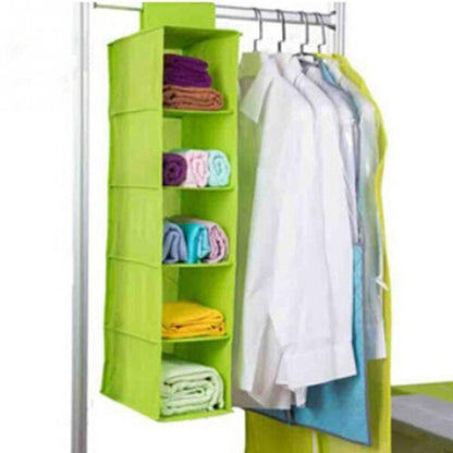 5 Shelf Clothes Hanging Organizers Pant Organizer Wardrobe Section Storage Closet Organiser (Black Color)