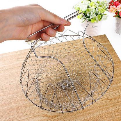 Chef Basket Dry Drain Rack Stainless Steel Multi Function Folding Fruit Basket Kitchen Tool