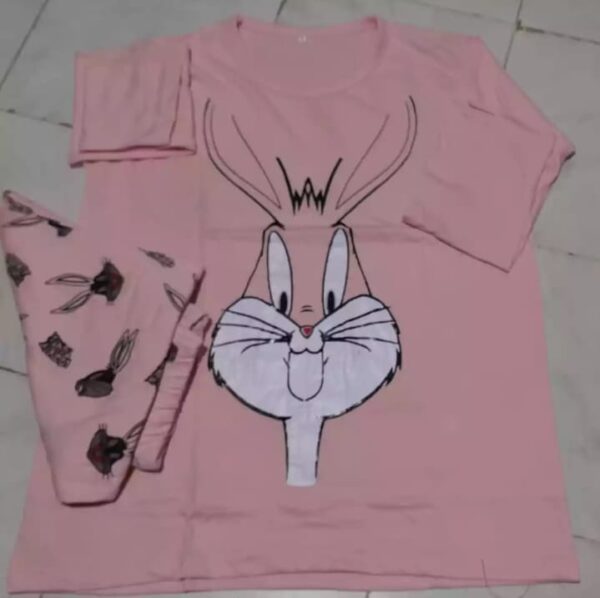 Cute Pink Colour Bunny Style Printed Design Ladies Sleep Wear Night Dress with Shirt and Trouser (Complete Sleeping Suit) For Women and Girls
