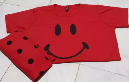 Red Colour Smile Printed Design Stylish Full Sleeves Round Neck T-Shirt and Pajama Night Suit For Ladies Women and Girls