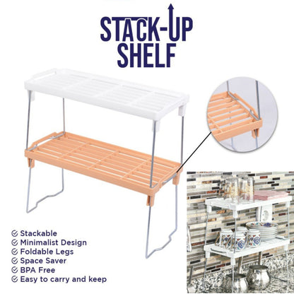 Set Of 3 Stack Up Shelf Space Saver Plastic Racks With Foldable Legs For Kitchen