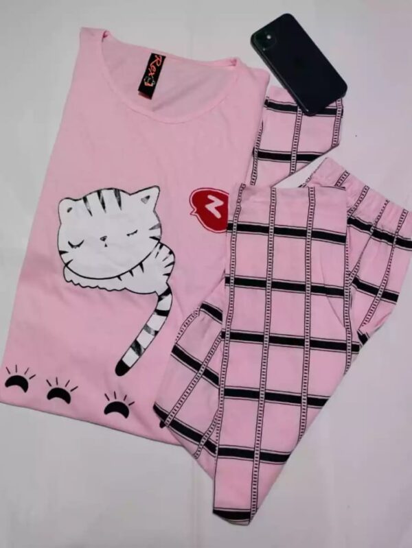 Cute Pink Sleepy Cat Printed Design Stylish Full Sleeves Round Neck T-Shirt and Pajama Night Suit For Ladies Women and Girls