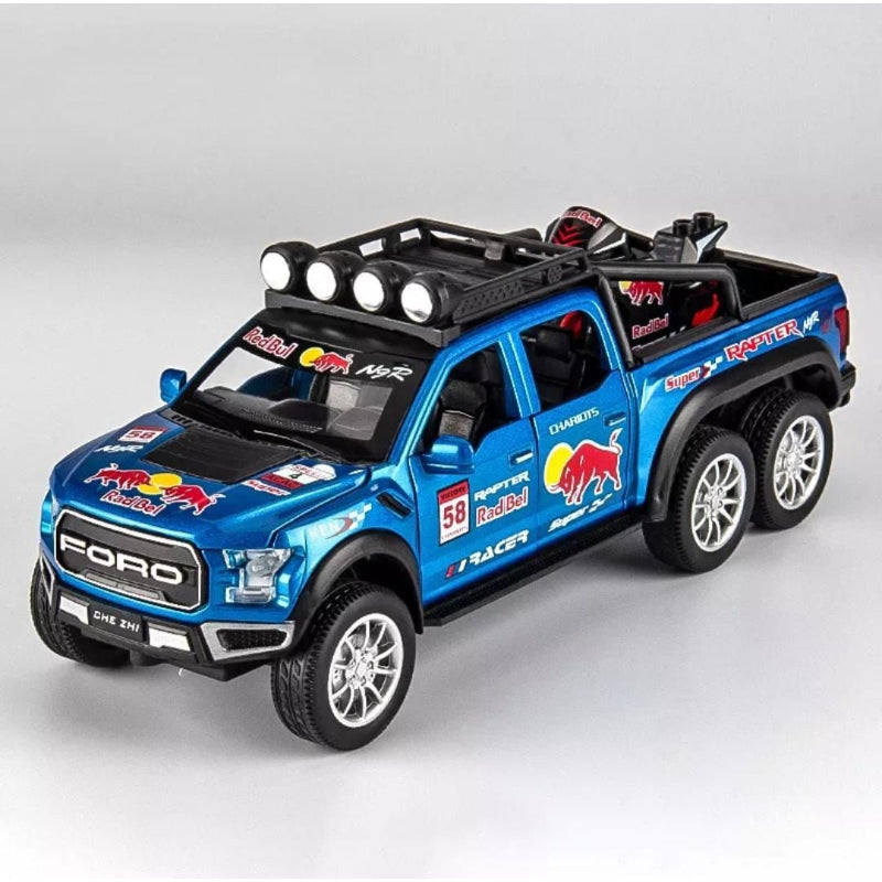 Red Bull Diecast Ford Raptor F150 6×6 Pickup Metal Model Pull Back With Light & Sound Car