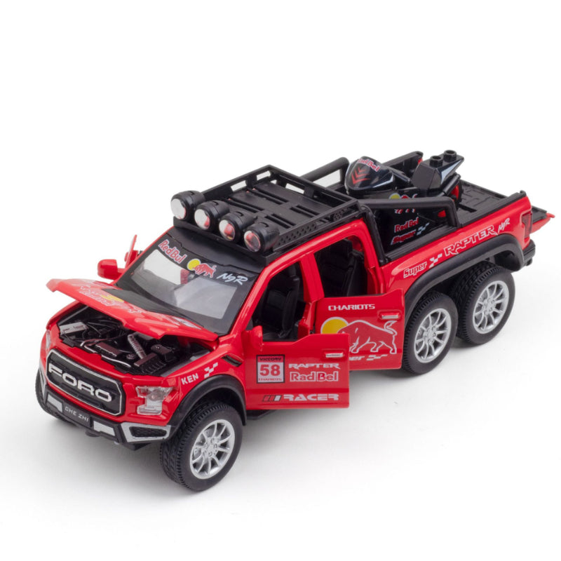 Red Bull Diecast Ford Raptor F150 6×6 Pickup Metal Model Pull Back With Light & Sound Car