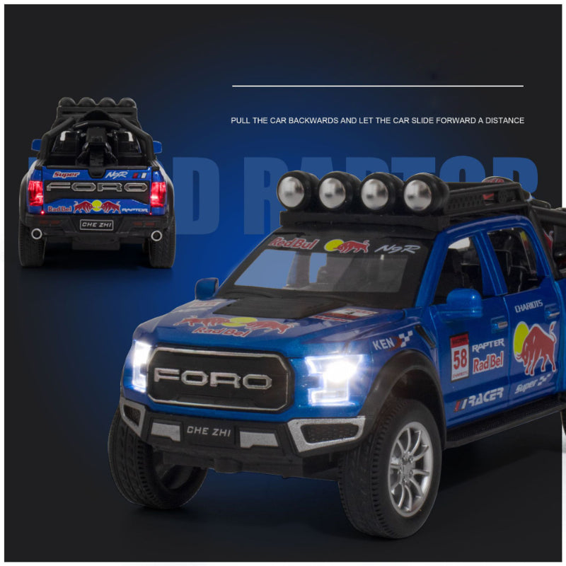 Red Bull Diecast Ford Raptor F150 6×6 Pickup Metal Model Pull Back With Light & Sound Car