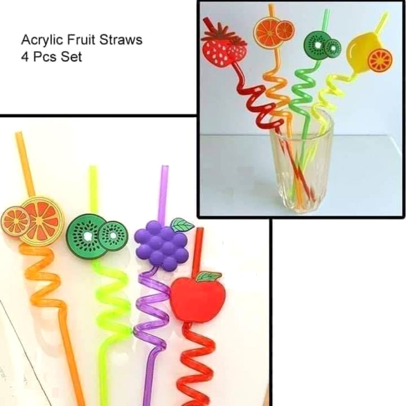 Pack Of 4 PCs Re-Usable Plastic Fruits Acrylic Drinking Straws