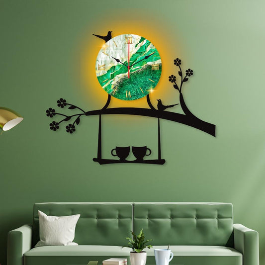 Bird On Tree With Coffee Cup Wooden Wall Clock