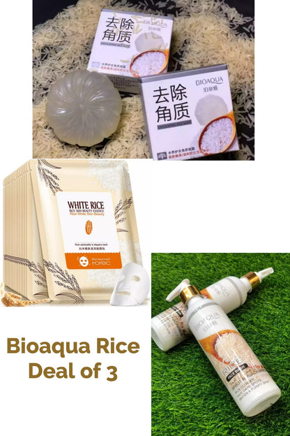 Deal of 3 Bioaqua Rice Face Sheet Masks .Rice face wash. Natural Rice soap for Darken Skin - Facial Cleanser