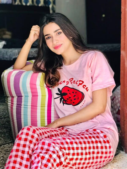 Pink Colour Strawberry Printed Design Full Sleeves Round Neck Ladies Night Suit Comfortable Pajama Suit Printed Night Dress For Women &amp; Girls