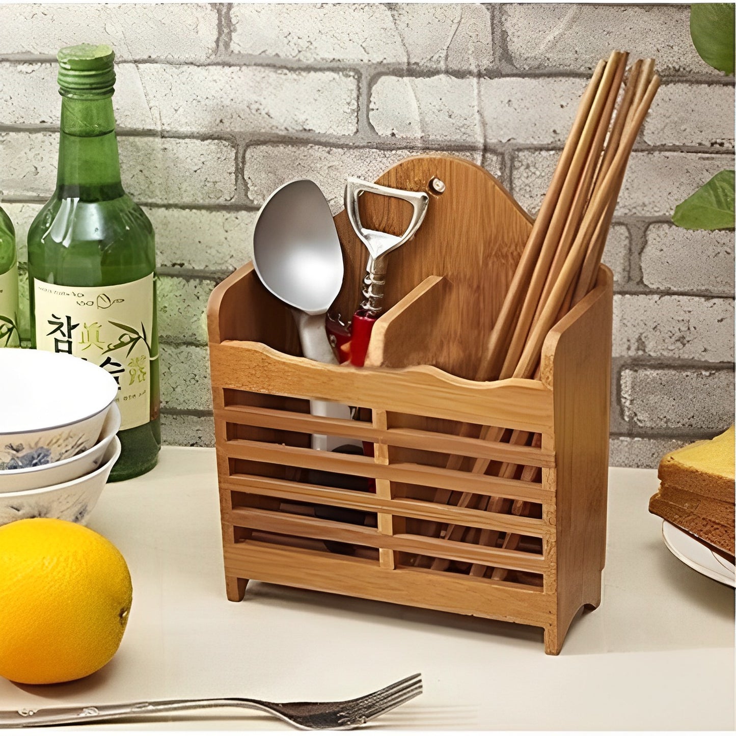 Kitchen Wooden Mini Spoon Holder And Bamboo Chopstick Basket