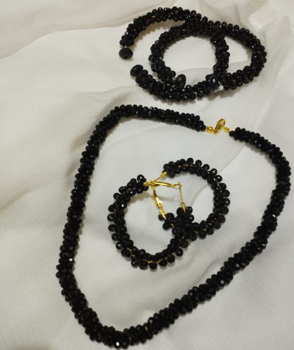 Beautiful stylish pearl mala set with hoop earring and 2 hand adjustable pearl bangles Crystal black for fashion women jewellery set