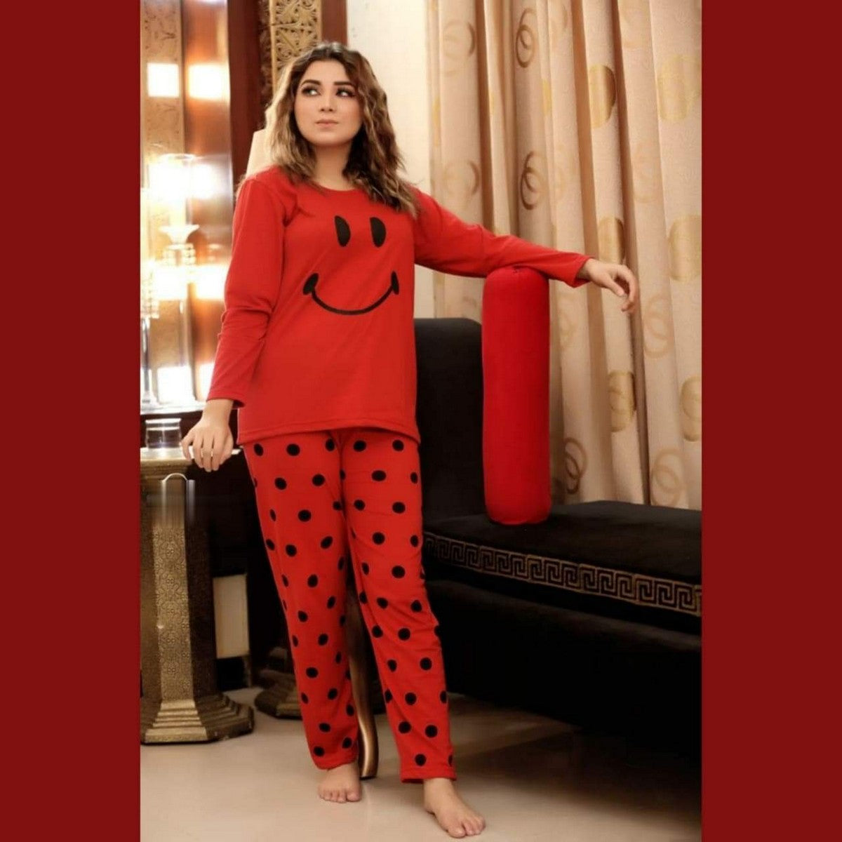 Red Colour Smile Printed Design Stylish Full Sleeves Round Neck T-Shirt and Pajama Night Suit For Ladies Women and Girls