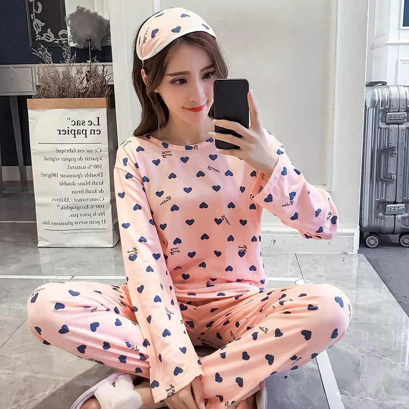 Pink Colour Black Little Heart Printed Design Full Sleeves Round Neck Ladies Night Suit comfortable pajama suit printed night dress for women and girls