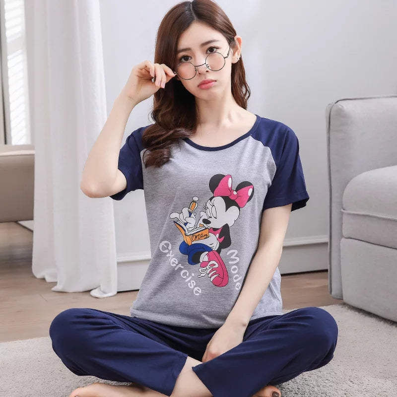 Dark Blue &amp; Grey Colour Minnie Mouse Printed Design Full Sleeves Round Neck Ladies Night Suit Comfortable Pajama Suit Printed Night Dress For Women &amp; Girls