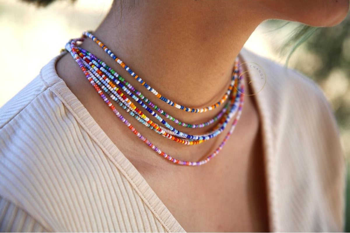 1 Pcs Rainbow Seed Bead Choker - Minimalist Beaded Necklace - Dainty Seed Bead Necklace