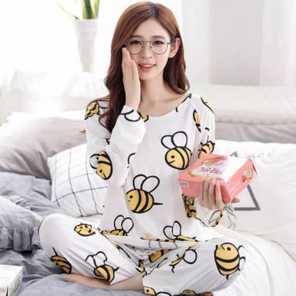 White Colour Bee Printed Design Full Sleeves Round Neck Ladies Night Suit comfortable pajama suit printed night dress for women and girls