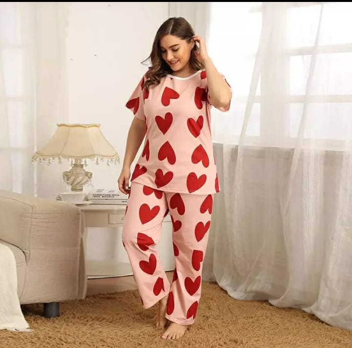 Pink Colour Hearts Printed Design Full Sleeves Round Neck Ladies Night Suit Comfortable Pajama Suit Printed Night Dress For Women &amp; Girls