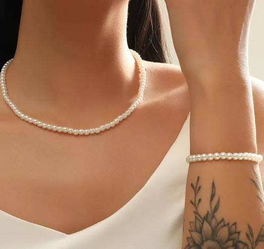 Pack of 02 – Elegant Pearl Bead Statement Necklace Women Choker Necklace for Women with Hand Band
