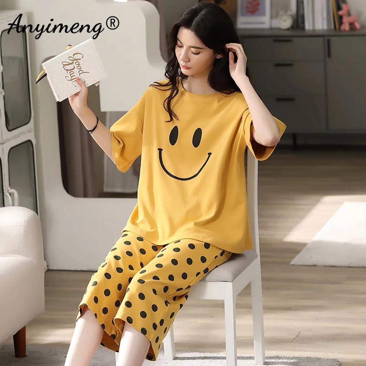 Yellow Colour Black Eye Printed Deisgn Full Sleeves Round Neck Ladies Night Suit comfortable pajama suit printed night dress for women and girls