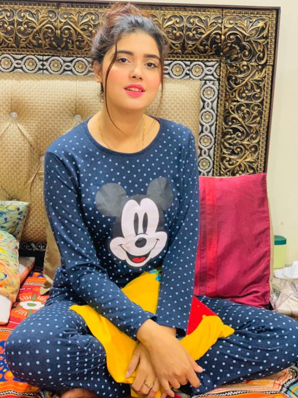 Dark Blue Colour Mickey Mouse Printed Design Full Sleeves Round Neck Ladies Night Suit Comfortable Pajama Suit Printed Night Dress For Women &amp; Girls