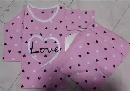 Pink Colour Love Printed Design Full Sleeves Round Neck Ladies Night Suit Comfortable Pajama Suit Printed Night Dress For Women &amp; Girls