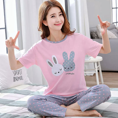 Sleeping Rabbits Printed Design Full Sleeves Round Neck Ladies Night Suit Comfortable Pajama Suit Printed Night Dress For Women &amp; Girls