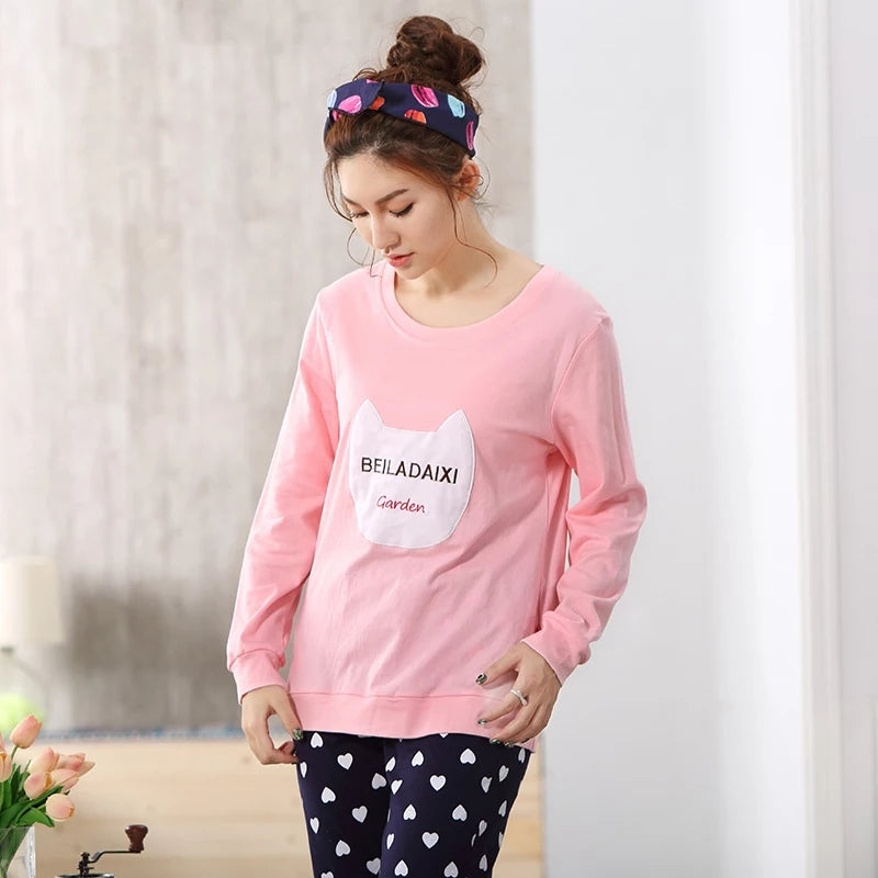 Pink Colour Cat Shaped Printed Design Full Sleeves Round Neck Ladies Night Suit Comfortable Black Heart Pajama Suit Printed Night Dress For Women &amp; Girls