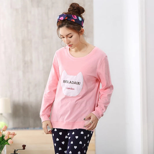 Pink Colour Cat Shaped Printed Design Full Sleeves Round Neck Ladies Night Suit Comfortable Black Heart Pajama Suit Printed Night Dress For Women &amp; Girls