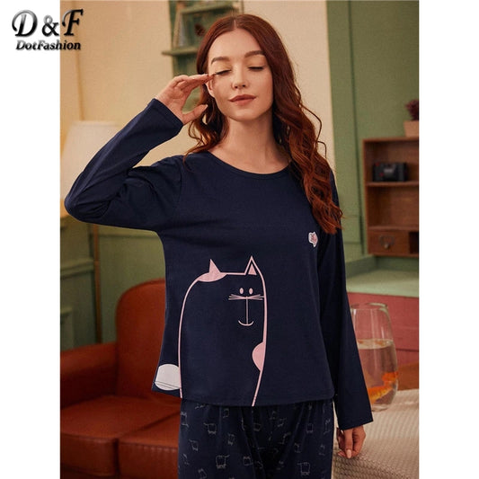 Dark Blue Colour Pink Cat Printed Design Full Sleeves Round Neck Ladies Night Suit Comfortable Pajama Suit Printed Night Dress For Women &amp; Girls