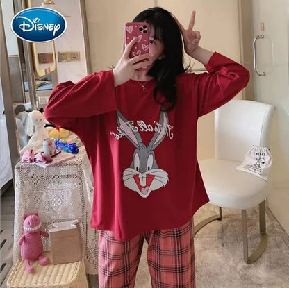 Red Colour Bugs Bunny Printed Design Full Sleeves Round Neck Ladies Night Suit Comfortable Pink Pajama Suit Printed Night Dress For Women &amp; Girls