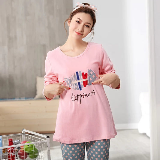 Pink Colour Happiness Printed Design Full Sleeves Round Neck Ladies Night Suit Comfortable Gray Pajama With Pink Heart Suit Printed Night Dress For Women &amp; Girls