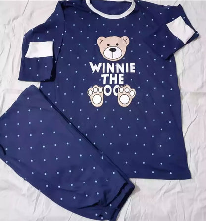 Dark Blue Colour Winnie The Pooh Printed Design Full Sleeves Round Neck Ladies Night Suit Comfortable Pajama Suit Printed Night Dress For Women &amp; Girls