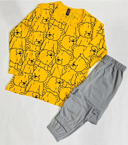 Yellow Colour Bears Printed Design Full Sleeves Round Neck Ladies Night Suit Comfortable Grey Pajama Suit Printed Night Dress For Women &amp; Girls