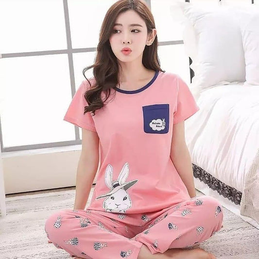 Pink Colour Rabbit Printed Design Round Neck Ladies Night Suit Comfortable Pajama Suit Printed Night Dress For Women &amp; Girls