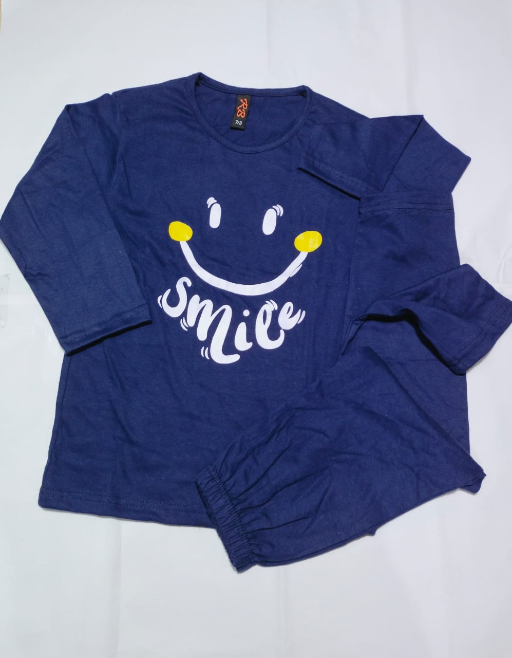 Dark Blue Smile Printed Design Styles Kids Night Suits Full Sleeves Kids Night Suits Kids Sleep Wear Kids Night Dress