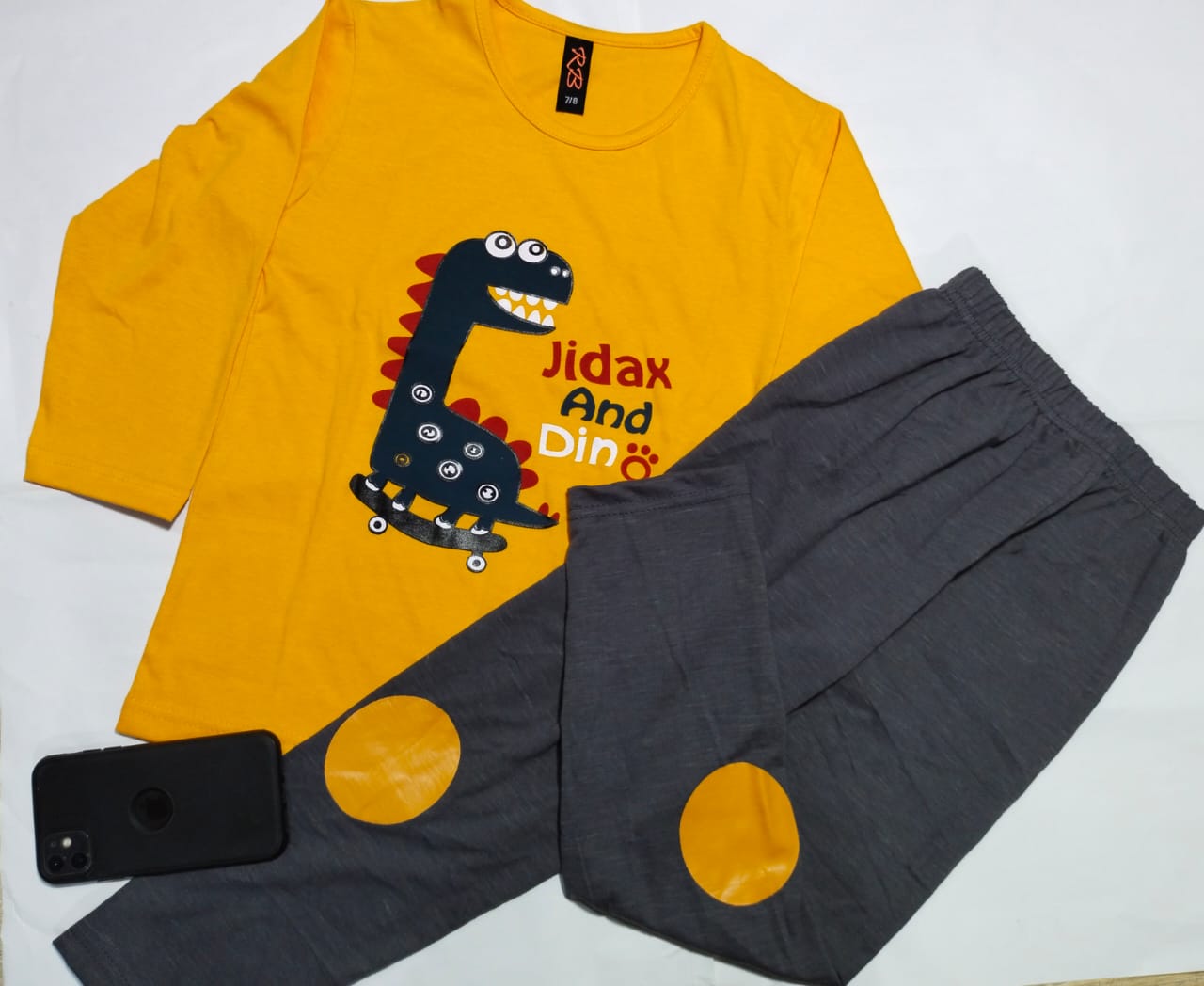 Yellow Color Dinosaur Jidax and Din Printed Design Styles Kids Night Suits Full Sleeves Kids Night Suits Kids Sleepwear Kids Night Dress