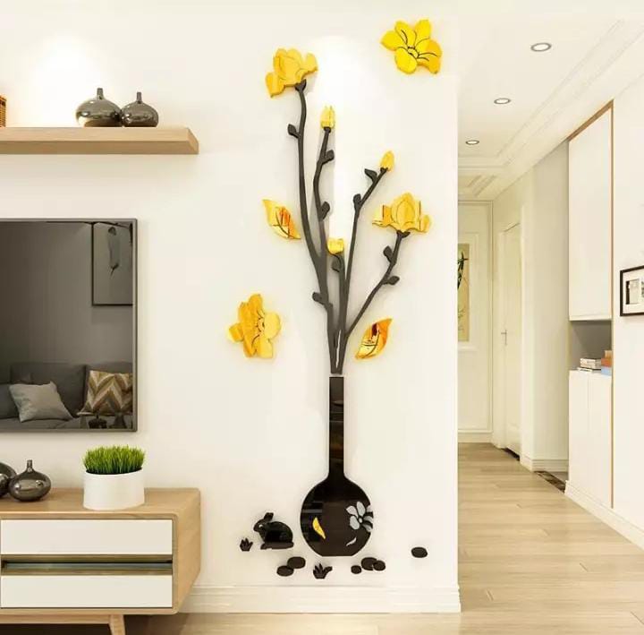 Black Vase and Yellow Flowers Acrylic 3D Wall Stickers - (Size 110*42cm)