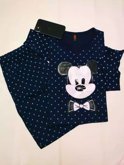 Dark Blue Colour Mickey Mouse Printed Design Full Sleeves Round Neck Ladies Night Suit Comfortable Pajama Suit Printed Night Dress For Women &amp; Girls