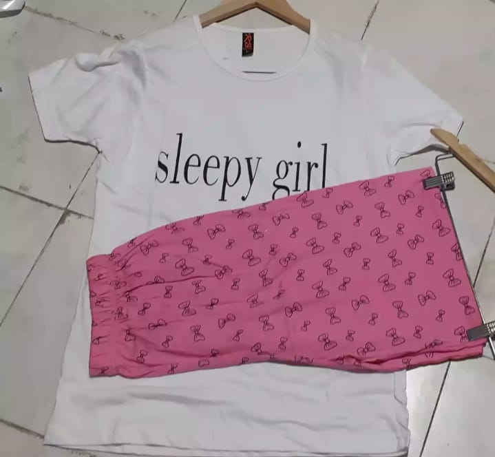 White Colour Sleepy Girl Printed Design Full Sleeves Round Neck Ladies Night Suit Comfortable pink Pajama Suit Printed Night Dress For Women &amp; Girls