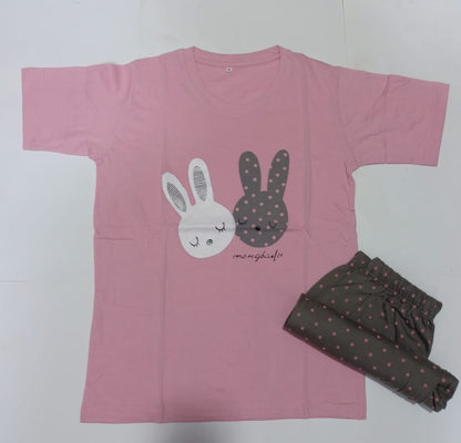 Sleeping Rabbits Printed Design Full Sleeves Round Neck Ladies Night Suit Comfortable Pajama Suit Printed Night Dress For Women &amp; Girls