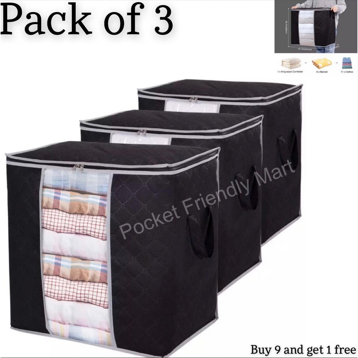 Pack Of 3 - New Waterproof Home Storage Bag foldable non woven Oxford Cloth Bedding Suits Pillows Closet Organizer bags Organizer Zipper Bag (Random Color)