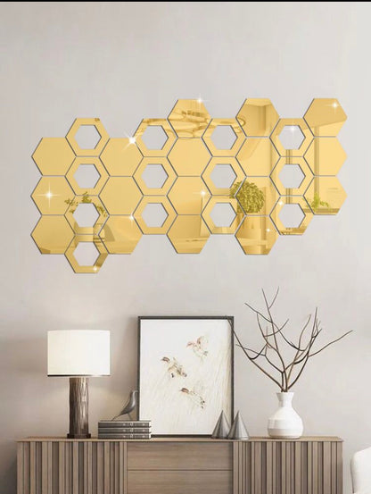 Golden Hexagon Acrylic Mirror Wall Sticker (Pack Of 24)