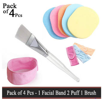 Pack of 4 Pcs - 1 Facial Hair Band 2 Sponge Puff 1 Facial Mixing Brush - Facial Face Wash Cleansing Sponge Puff Pad Makeup Remover Puff