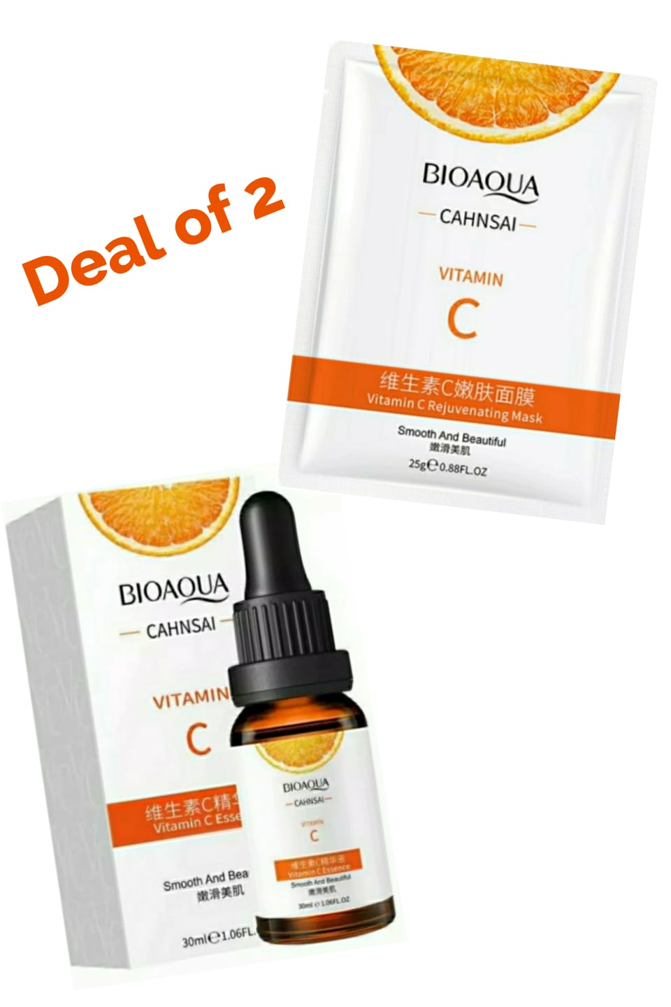 Bioaqua deal of 2 Vitamin C Face Sheet Mask & vitamin c brightening serum for face 30 ml